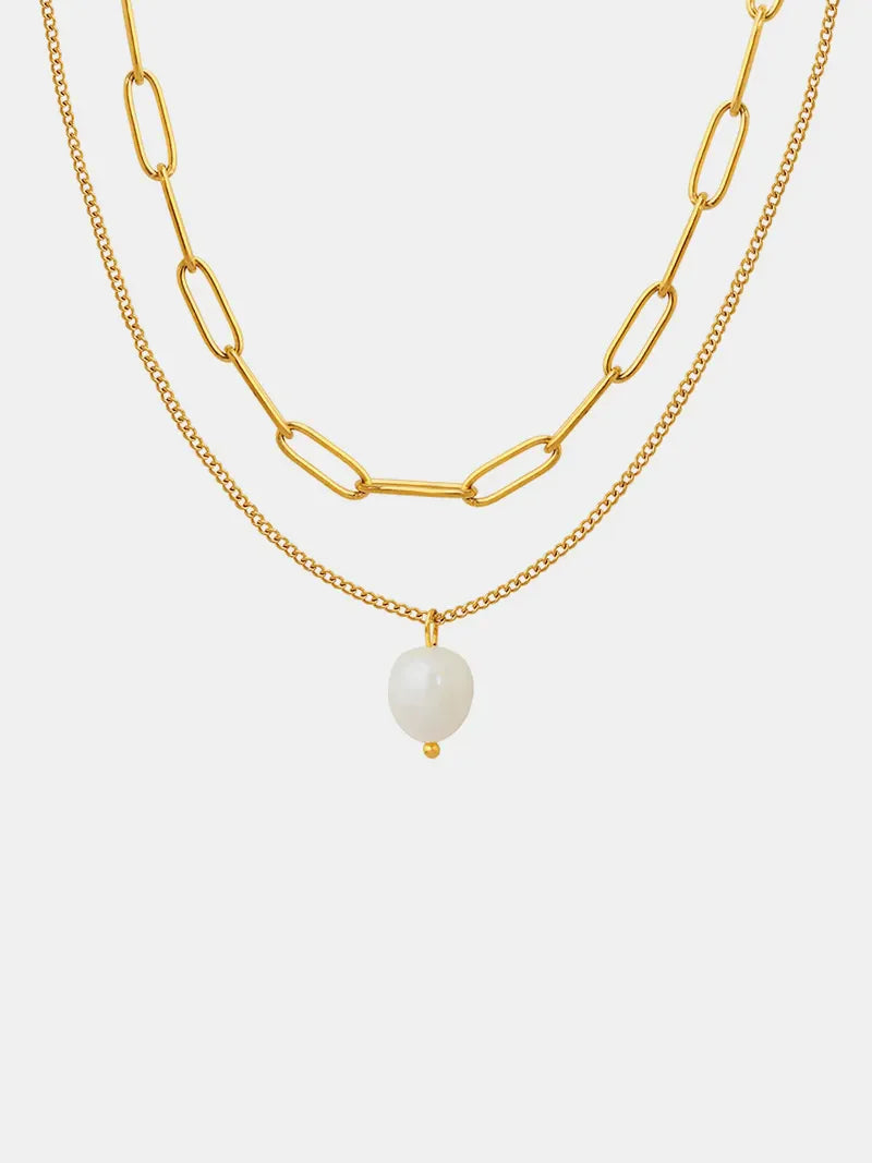 Gold layered necklace with paperclip chain and pearl pendant