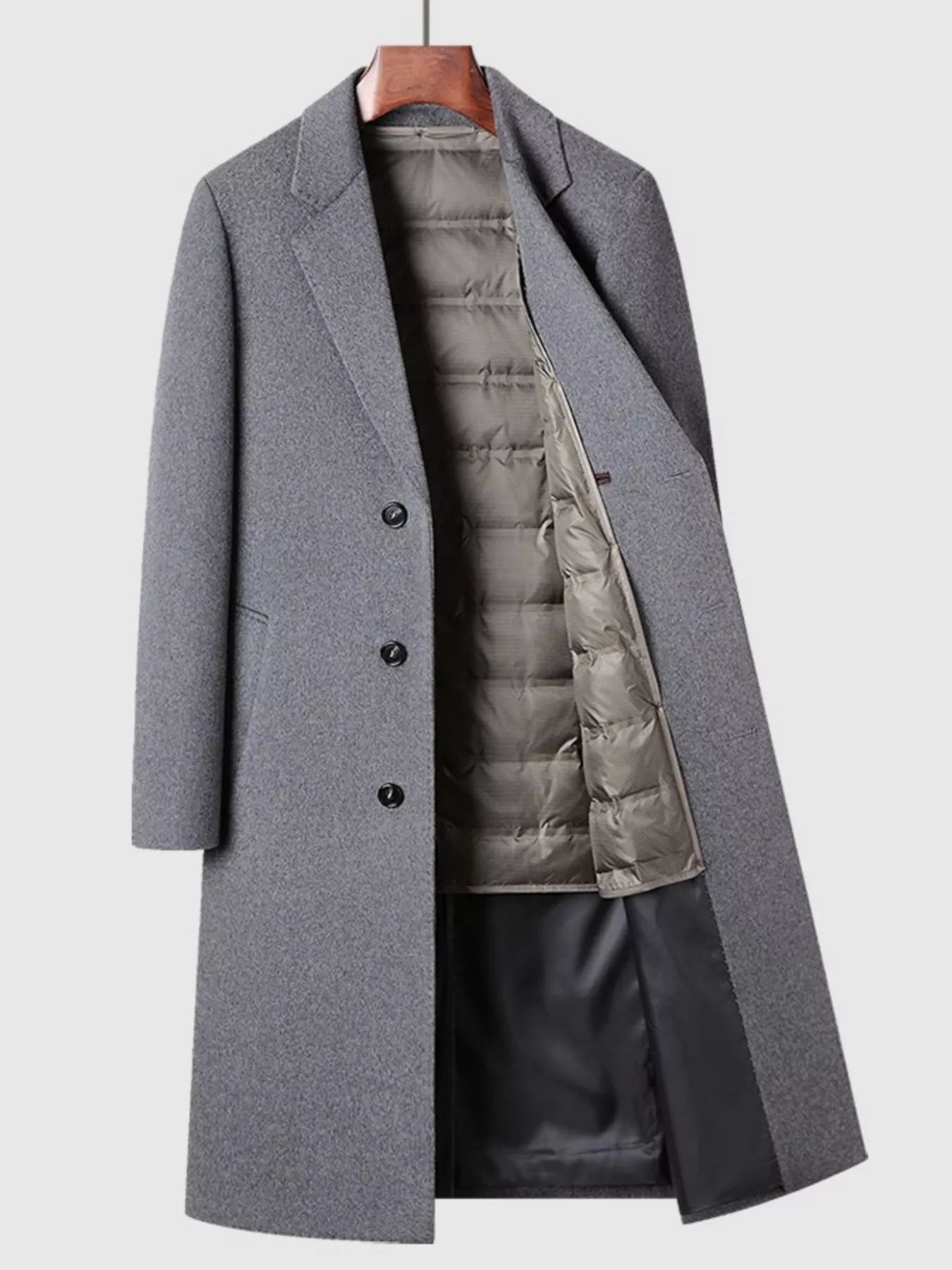 Men's classic dark gray button up overcoat with quilted lining and notched lapels.