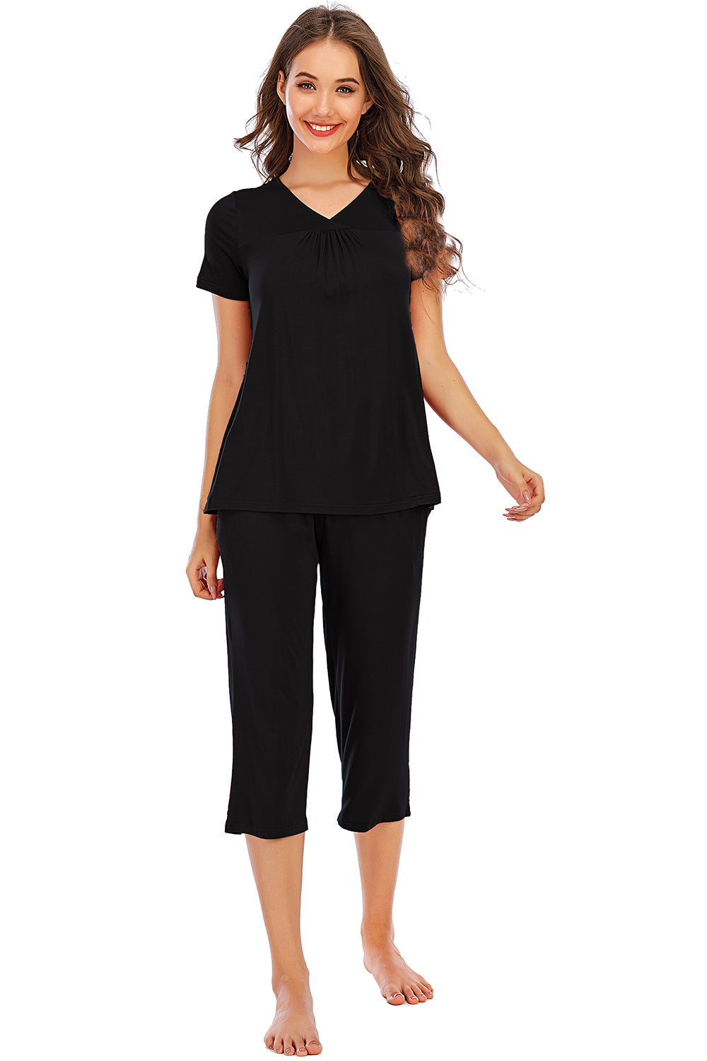 Black gathered neckline capri lounge set with short sleeves.