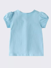 Light blue cotton blend toddler t-shirt with puff sleeves and round neckline.