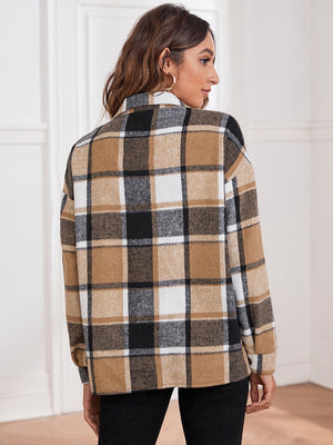 Oversized plaid shacket in camel, black, white, and brown with button closure.