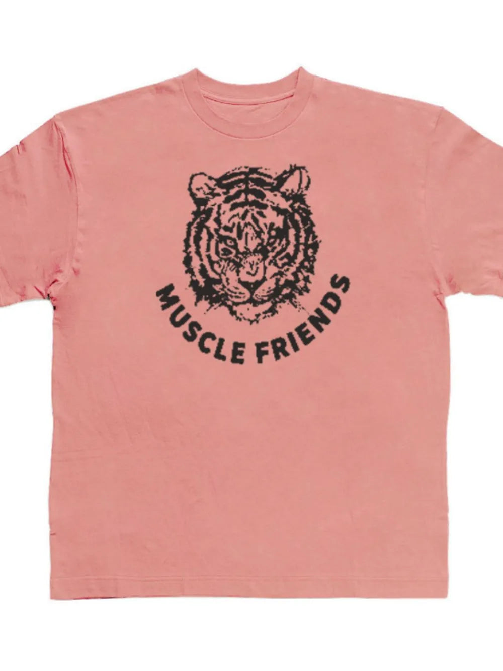 Dusty Pink oversized tee with black tiger graphic and Muscle Friends text.