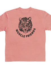 Dusty Pink oversized tee with black tiger graphic and Muscle Friends text.