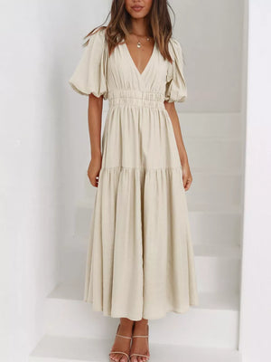 Elegant Puff Sleeve V-neck Midi Dress in Black, front view