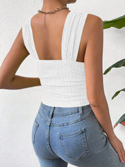 White textured crinkle strap crop top with ruched bodice and square neckline.