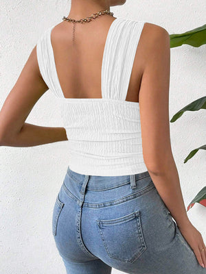 White textured crinkle strap crop top with ruched bodice and square neckline.