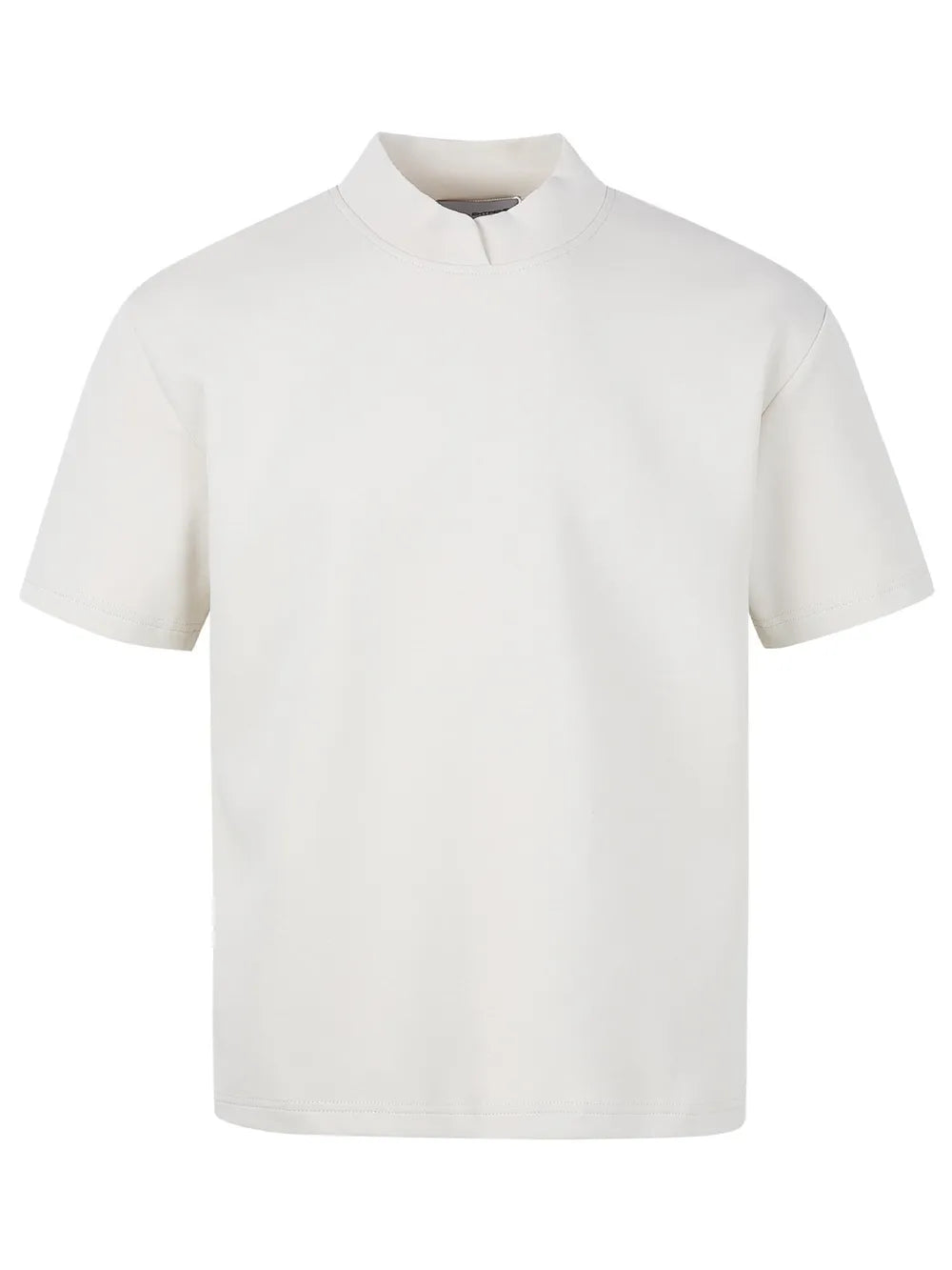 Men's white cotton mock neck short sleeve t-shirt with a casual fit.