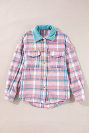Pastel plaid shacket in dusty pink with a contrast fuzzy blue collar and button front.