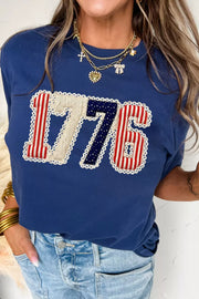 Patriotic appliqué 1776 maternity t-shirt in navy cotton with round neck.
