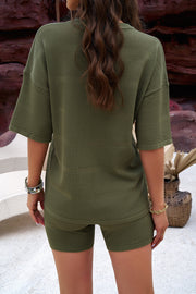 Textured knit tee and biker shorts set in Matcha Green, showing back view and detail.