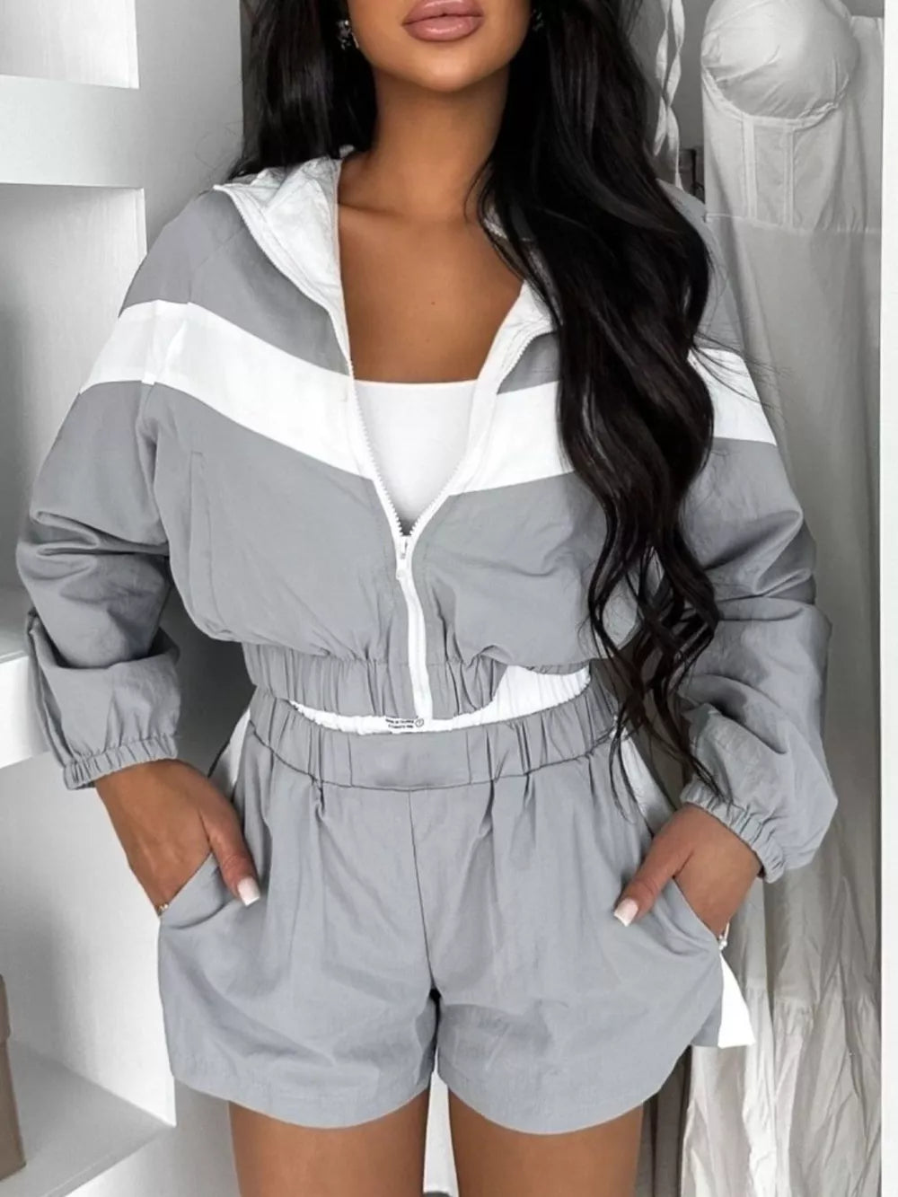 Zip Up Long Sleeve Outerwear And Shorts Set, close-up detail
