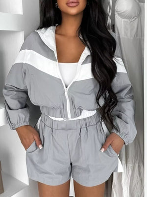 Zip Up Long Sleeve Outerwear And Shorts Set, close-up detail