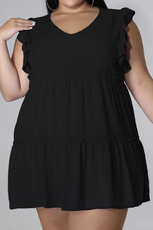 Black tiered ruffle babydoll mini dress with V-neck and flutter sleeves.