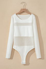 White long sleeve bodysuit with sheer mesh panel illusion details.