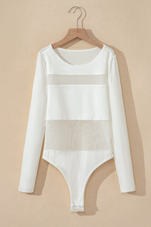 White long sleeve bodysuit with sheer mesh panel illusion details.