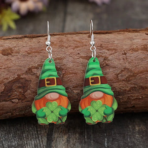 Green leprechaun charm drop earrings with shamrocks, alloy hooks