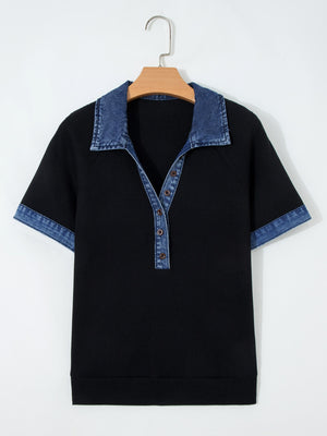 Black textured knit polo top with denim collar and sleeve trim, button-down front.
