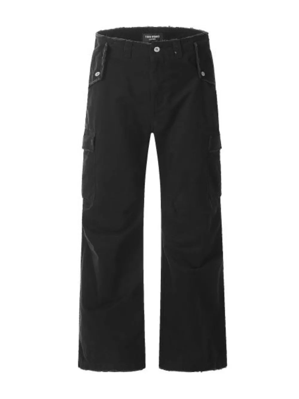 Black distressed utility wide-leg cargo pants with frayed hem and button flap pockets.