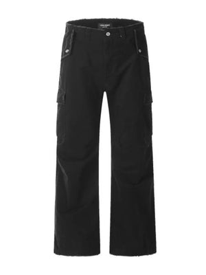 Black distressed utility wide-leg cargo pants with frayed hem and button flap pockets.
