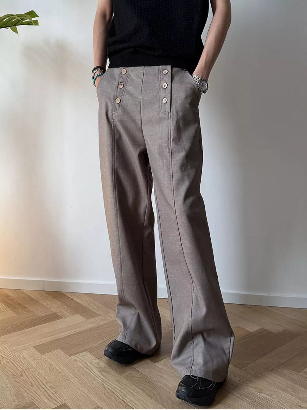 Men's mocha high-waisted wide leg pants with button detail