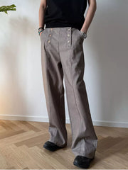 Men's mocha high-waisted wide leg pants with button detail