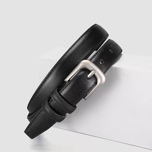 Black cowhide leather belt with silver buckle and keeper loop