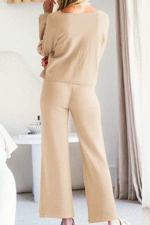 Tan lounge set with wide-leg pants and balloon sleeves.
