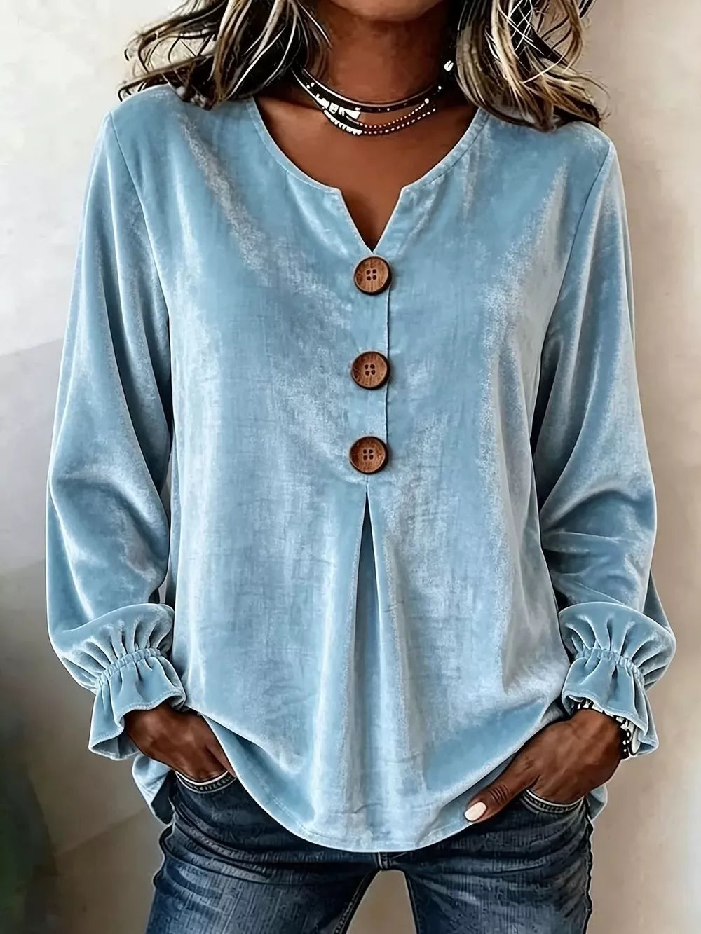 Velvet Button Decor Blouse With Ruffled Cuffs in Black, model styling view