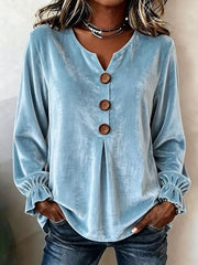Velvet Button Decor Blouse With Ruffled Cuffs in Black, model styling view