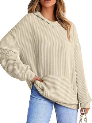 Light Coffee ribbed V-neck oversized hoodie sweatshirt with balloon sleeves and front pocket.