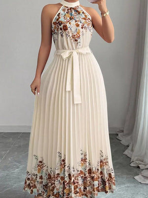 Halter Neck Floral Print Pleated Maxi Dress, fabric detail