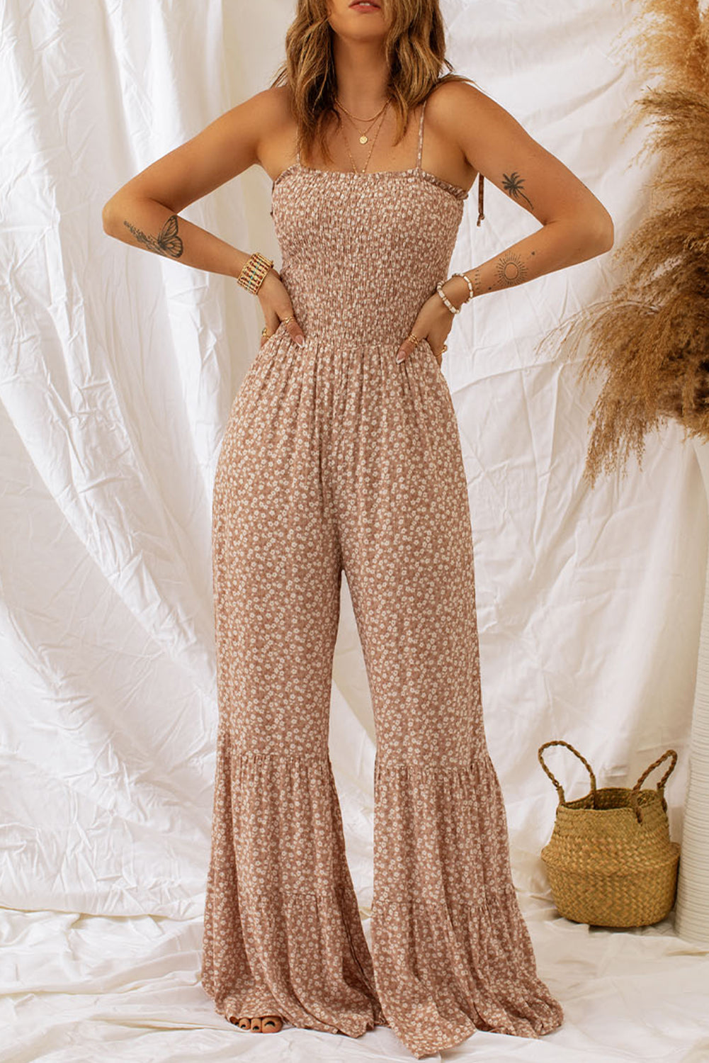 Camel floral smocked strappy jumpsuit with tiered flare legs