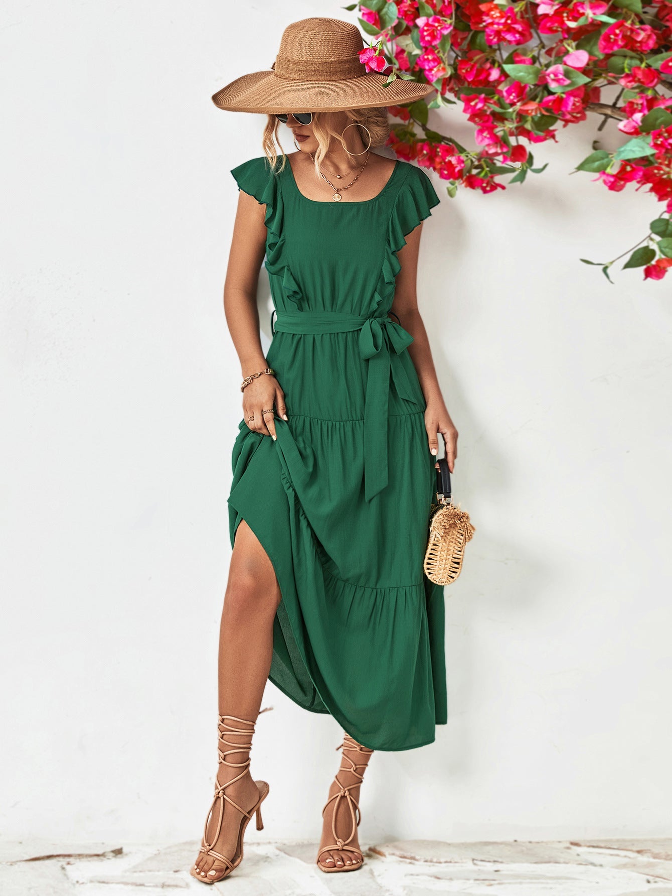Forest green flutter sleeve tiered midi dress with belt and square neckline.
