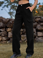 Black denim cargo pants with elastic waist and utility pockets.