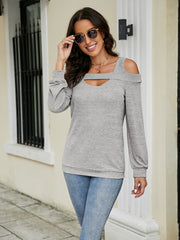 Off-shoulder square neck cutout long sleeve top in heather grey, casual style.