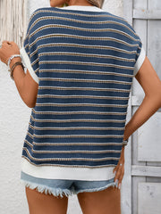 Navy blue ribbed short sleeve knit top with white and brown stripes.