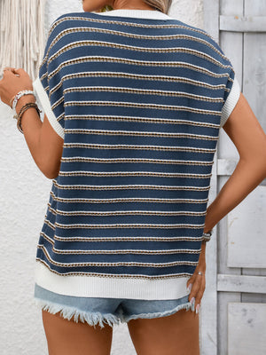 Navy blue ribbed short sleeve knit top with white and brown stripes.