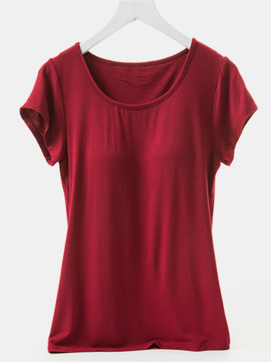 Burgundy built-in bralette tee with scoop neck and short sleeves.