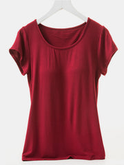 Burgundy built-in bralette tee with scoop neck and short sleeves.