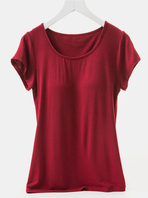 Burgundy built-in bralette tee with scoop neck and short sleeves.