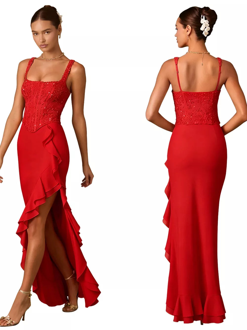 Deep red sequin ruffle maxi gown with square neckline and high slit.