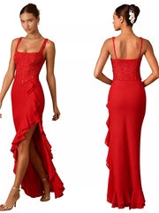 Deep red sequin ruffle maxi gown with square neckline and high slit.