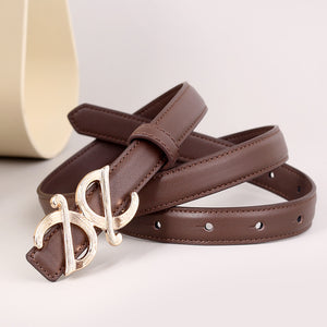 Brown cowhide leather belt with gold double D buckle and multiple holes.