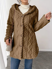 Brown hooded trench coat with cable knit texture and button detail