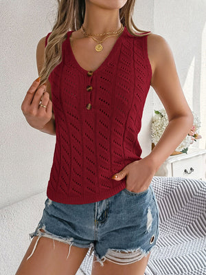 Burgundy openwork knit tank top with V-neck and button detail
