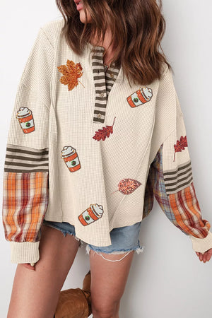 Sequin Autumn Leaf Coffee Cup Waffle Knit Top in Beige, close-up detail