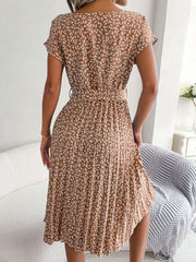Camel floral print midi dress with tie waist and pleated skirt