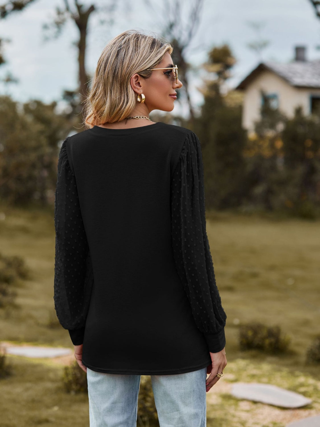 Black Swiss dot sleeve V-neck top with long sleeves