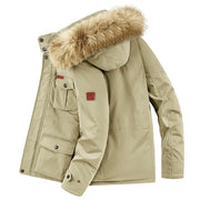 Khaki hooded winter parka with fur trim, multiple pockets, and a casual style.