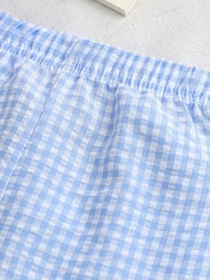 Baby blue gingham cotton shorts with elastic waistband